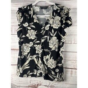 Karl Lagerfeld Paris Floral Blouse Women’s Medium Short Sleeve Ruffled V-Neck